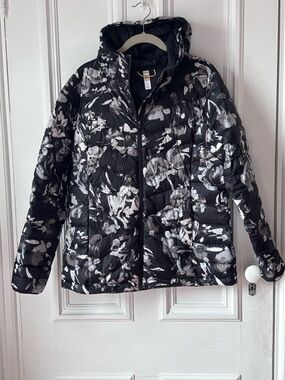Women’s Lole Packable Down Zip Front Black and White Jacket Size XL